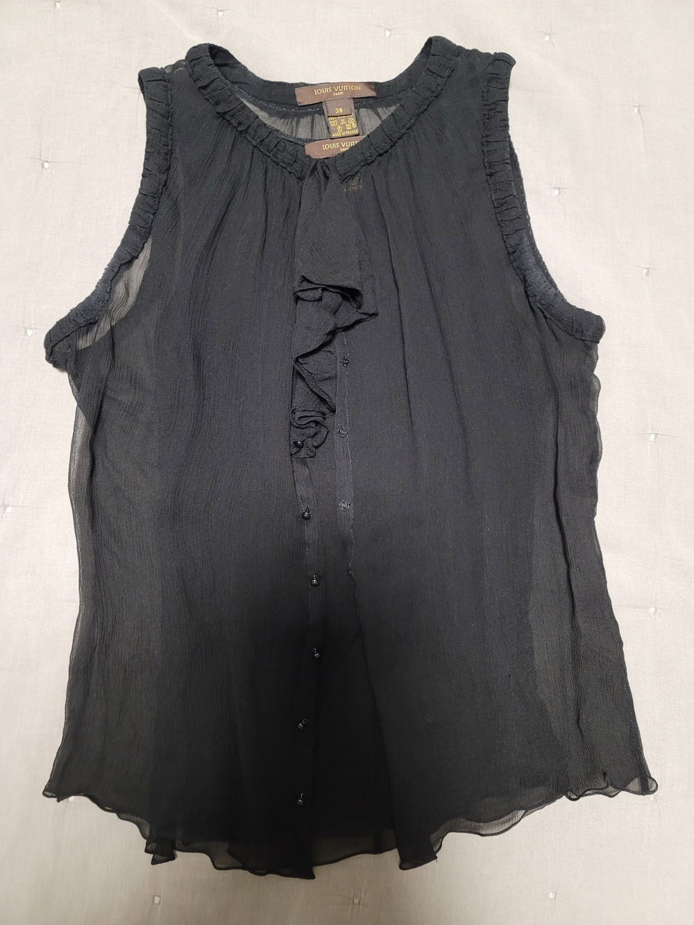Authentic LV Sheer Black Sleeveless Ruffle Front Blouse 100% Silk